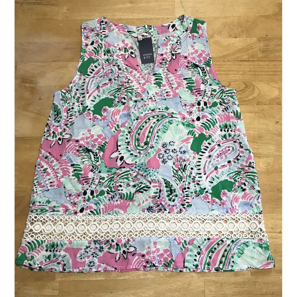 NWT Crown & Ivy Size Small Pink‎ Green Summer Paisley Tank Blouse